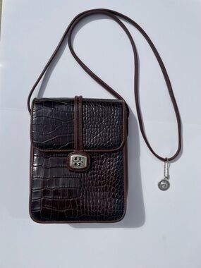 Vintage Brighton One World Saddle Bag Crossbody Brown Croc Embossed Leather